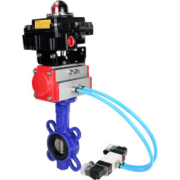 Затвор дисковый поворотный WBV1631E-2W-Fb-ISO-H Ду80 Ру25 межфланцевый, корпус - чугун QT450, диск - нержавеющая сталь 304, уплотнение - EPDM, с пневмоприводом PA-DA-083, пневмораспределителем 4V320-10 AC220V и БКВ APL-410N EX