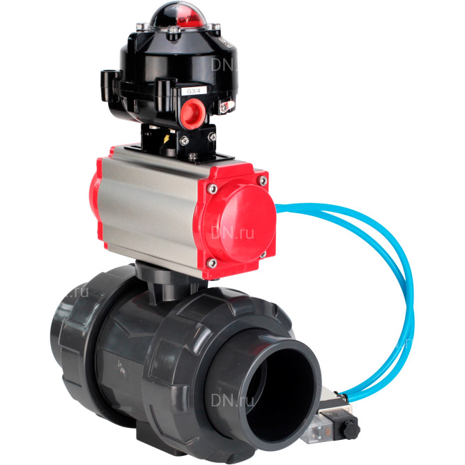 Кран шаровой BV4242E-FP-GRM-ISO Дн65 Ру10 полнопроходной, корпус - НПВХ, шар - НПВХ, уплотнение - EPDM, с пневмоприводом PA-DA-065, пневмораспределителем 4V320-08 AC220V и БКВ APL-510N EX в Алматы