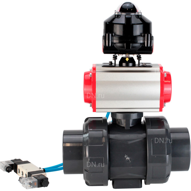 Кран шаровой BV4242E-FP-GRM-ISO Дн65 Ру10 полнопроходной, корпус - НПВХ, шар - НПВХ, уплотнение - EPDM, с пневмоприводом PA-DA-065, пневмораспределителем 4V320-08 AC220V и БКВ APL-510N EX в Алматы