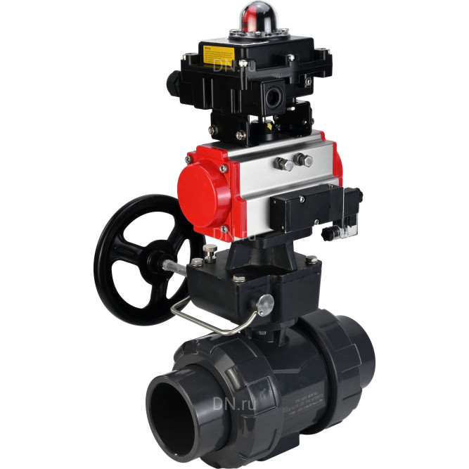 Кран шаровой BV4242E-FP-GRM-ISO Дн100 Ру10 полнопроходной, корпус - НПВХ, шар - НПВХ, уплотнение - EPDM, с пневмоприводом PA-DA-065, пневмораспределителем 4M310-08 AC220V, ручным дублером MON1-250-T26-ISO и БКВ APL-410N EX в Алматы