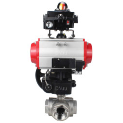 Кран шаровой BV3232P(4pc)-SP-3WL-T-ISO-H Ду25 Ру63 стандартнопроходной трехходовой L-тип, нержавеющая сталь SS316, внутренняя резьба, PTFE, пн.привод PA-DA-065, пн.распределитель 4M310-08 AC220V, БКВ APL-410N EX и ручной дублер MON1-250-T26-ISO