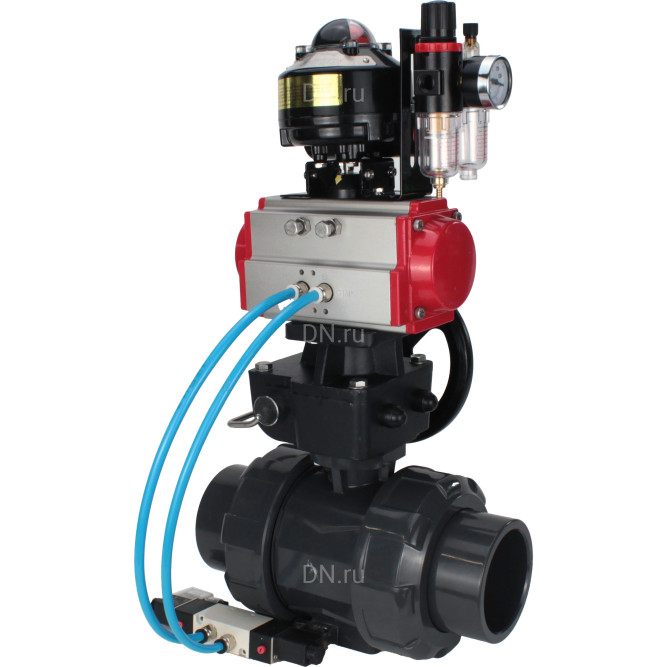 Кран шаровой BV4242E-FP-GRM-ISO Дн65 Ру10 полнопроходной, корпус - НПВХ, шар - НПВХ, уплотнение - EPDM, с пневмоприводом PA-DA-065, пневмораспределителем 4V320-08 AC220V, ручным дублером MON1-250-T26-ISO, БКВ APL-510N EX и БПВ AFC2000 в Алматы