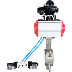 Затвор дисковый поворотный WBV3232P-2W-Fb-H Ду125 Ру16, корпус - нержавеющая сталь 316L, диск - нержавеющая сталь 316L, уплотнение - PTFE, с пневмоприводом PA-SA-140 с возвратными пружинами, с пневмораспределителем 4V320-10 AC220V, с БКВ APL-210N