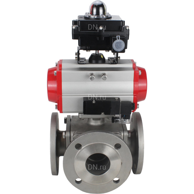 Кран шаровой BV3232P(4pc)-FP-3WL-F Ду15 Ру16 полнопроходной трехходовой, фланцевый, корпус - нержавеющая сталь SS316, с пневмоприводом PA-DA-052 двойного действия, пневмораспределителем 4M310-08 DC24V и БКВ APL-410N EX в Алматы
