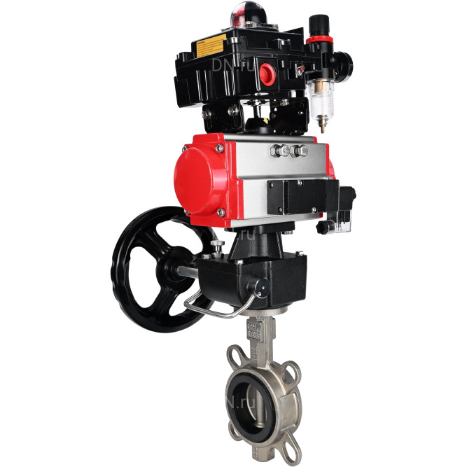 Затвор дисковый поворотный WBV3131V-2W-Fb-H Ду100 Ру16, корпус - нерж.сталь 304, диск - нерж.сталь 304, VITON, с пневмоприводом PA-DA-083, пн/распределителем 4M310-08 AC220V, БКВ APL-410N EX, ручным дублером MON2-450-T28-ISO и БПВ AFC2000 в Алматы
