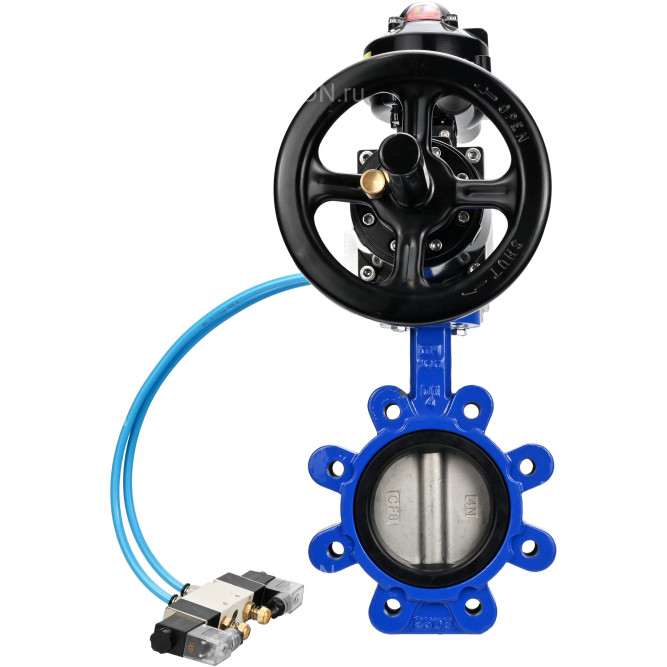 Затвор дисковый поворотный WBV1631E-2W-Fb-H Ду125 Ру16 LUG корпус - чугун QT450, диск - нержавеющая сталь 304, уплотнение - EPDM, с пневмоприводом PA-DA-105-1, пневмораспределителем 4V320-10 AC220V и БКВ APL-510N EX в Алматы