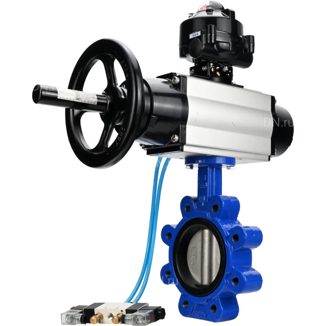 Затвор дисковый поворотный WBV1631E-2W-Fb-H Ду125 Ру16 LUG корпус - чугун QT450, диск - нержавеющая сталь 304, уплотнение - EPDM, с пневмоприводом PA-DA-105-1, пневмораспределителем 4V320-10 AC220V и БКВ APL-510N EX в Алматы
