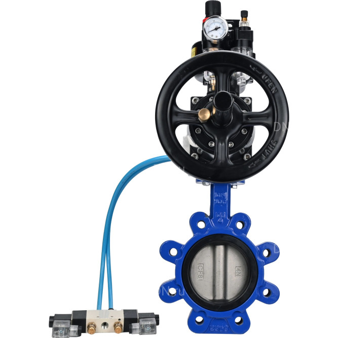 Затвор дисковый поворотный WBV1631N-2W-Fb-H Ду125 Ру16 LUG корпус - чугун QT450, диск - нержавеющая сталь 304, уплотнение - NBR, с пневмоприводом PA-DA-105-1, пневмораспределителем 4V320-08 AC220V, БКВ APL-510N EX и БПВ AFC2000 в Алматы