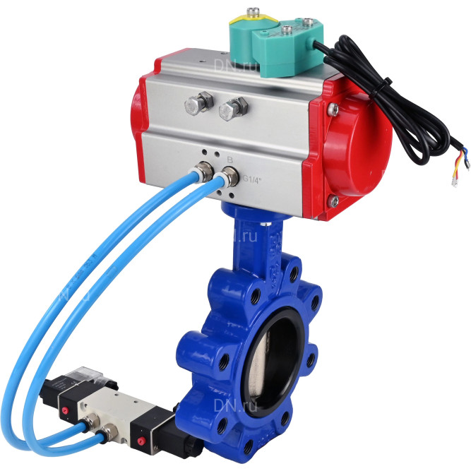 Затвор дисковый поворотный WBV1616E-2W-Fb-H Ду80 Ру16 LUG корпус - чугун QT450, диск - чугун QT450, уплотнение - EPDM, с пневмоприводом PA-DA-083, пневмораспределителем 4V320-08 AC220V и магнитным переключателем ALS200D в Алматы