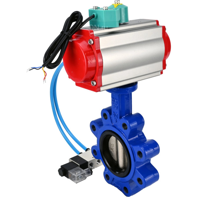 Затвор дисковый поворотный WBV1616E-2W-Fb-H Ду80 Ру16 LUG корпус - чугун QT450, диск - чугун QT450, уплотнение - EPDM, с пневмоприводом PA-DA-083, пневмораспределителем 4V320-08 AC220V и магнитным переключателем ALS200D в Алматы
