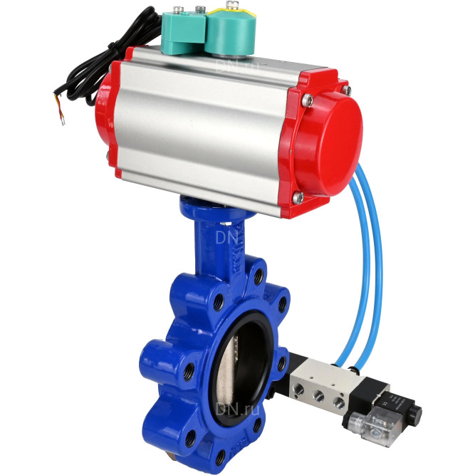 Затвор дисковый поворотный WBV1616E-2W-Fb-H Ду80 Ру16 LUG корпус - чугун QT450, диск - чугун QT450, уплотнение - EPDM, с пневмоприводом PA-DA-083, пневмораспределителем 4V320-08 AC220V и магнитным переключателем ALS200D в Алматы