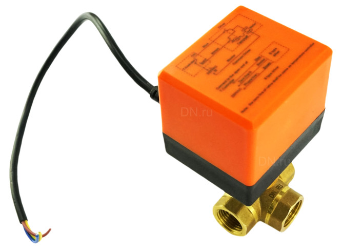 Кран шаровой BV0030NP-SP-3L-T-ED Ду15 Ру16 стандартнопроходной, L-тип, трехходовой, латунь, внутренняя резьба, уплотнение - нитриловый каучук / PTFE, с электроприводом 220В без концевых выключателей в Алматы