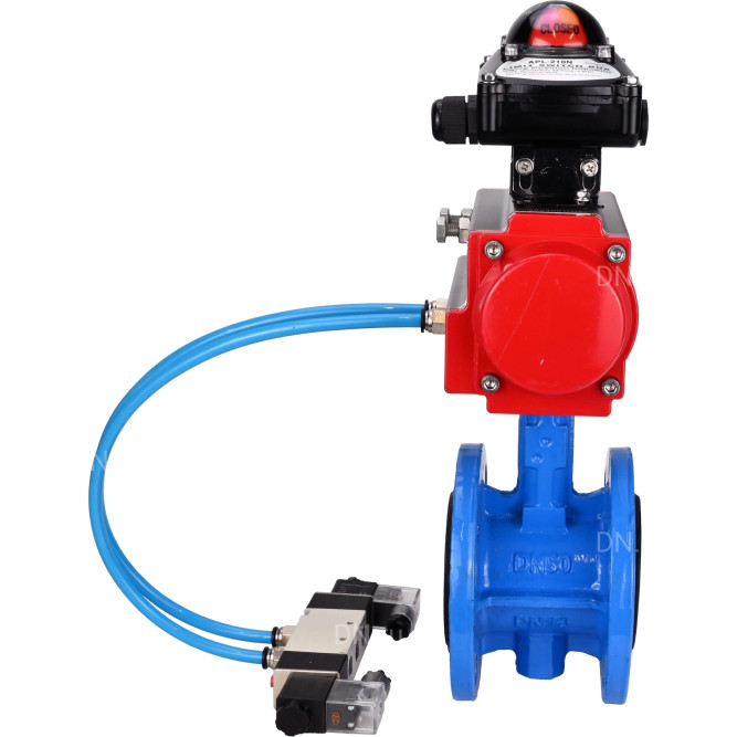 Затвор дисковый поворотный WBV1313E-2W-F-H Ду200 Ру16 фланцевый, корпус - чугун GGG40, диск - чугун GGG40, уплотнение - EPDM, с пневмоприводом PA-DA-140, пневмораспределителем 4V320-10 AC220V и БКВ APL-210N в Алматы