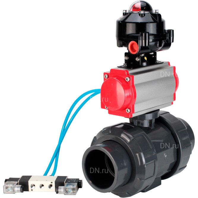Кран шаровой BV4242E-FP-GRM-ISO Дн100 Ру10 полнопроходной, корпус - НПВХ, шар - НПВХ, уплотнение - EPDM, с пневмоприводом PA-DA-065, пневмораспределителем 4V320-08 AC220V и БКВ APL-510N EX в Алматы
