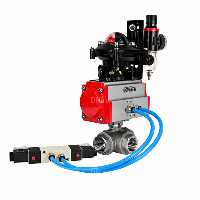 Кран шаровой BV3232P(4pc)-SP-3WT-T-ISO-H WDVF Ду25 Ру63 стандартнопроходной, 3-ходовой Т-тип, внутренняя резьба, нержавеющая сталь AISI 316, PTFE, с пневмоприводом PA-DA-065, пневмораспределителем 4V320-10 AC220V, БКВ APL-210N и БПВ AFC2000 в Алматы