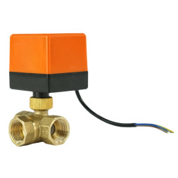 Кран шаровой BV0030NP-SP-3L-T-ED Ду20 Ру16 стандартнопроходной, L-тип, трехходовой, латунь, внутренняя резьба, уплотнение - нитриловый каучук / PTFE, с электроприводом 220В без концевых выключателей