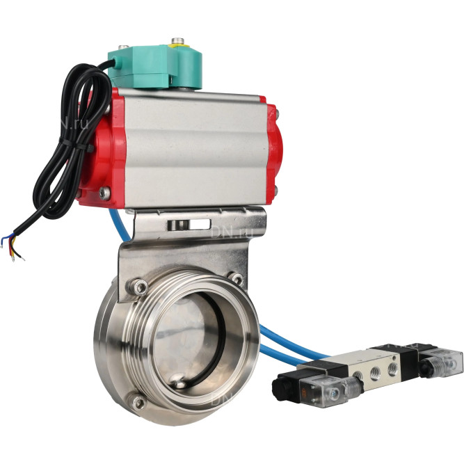Затвор дисковый поворотный WBV3131E-2W-T-H Ду80 Ру10 резьбовой, корпус - пищевая нержавеющая сталь 304, уплотнение - EPDM, с пневмоприводом PA-SA-083, пневмораспределителем 4M320-08 AC220V, магнитным переключателем ALS200D в Алматы