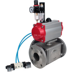 Кран шаровой BV3232P(4pc)-FP-3WL-F Ду65 Ру16 полнопроходной трехходовой, фланцевый, корпус - нержавеющая сталь SS316, с пневмоприводом PA-DA-083 двойного действия, пневмораспределителем 4V320-10 AC220V и БПВ AFC2000
