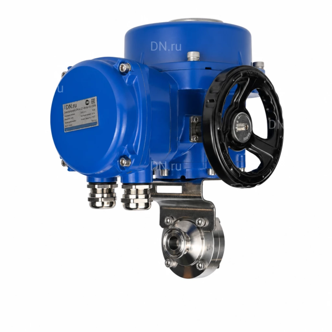Затвор дисковый поворотный WBV3131S-2W-C-H Ду25 Ру10 кламповый, корпус - пищевая нержавеющая сталь 304, уплотнение - Silicon, с электроприводом QT-N-005M-O2-380VAC-У1 с моментной муфтой и штурвалом в Алматы