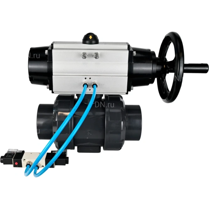 Кран шаровой BV4242E-FP-GRM-ISO Дн100 Ру10 полнопроходной, корпус - НПВХ, шар - НПВХ, уплотнение - EPDM, с пневмоприводом PA-DA-105-1 и пневмораспределителем 4V320-08 AC220V в Алматы