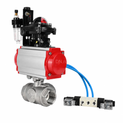 Кран шаровой BV3232P(4pc)-SP-3WL-T-ISO-H WDVF Ду40 Ру63 стандартнопроходной, 3-ходовой L-тип, внутренняя резьба, нержавеющая сталь AISI 316, PTFE, с пневмоприводом PA-DA-083, пневмораспределителем 4V320-10 AC220V, БКВ APL-210N и БПВ AFC2000