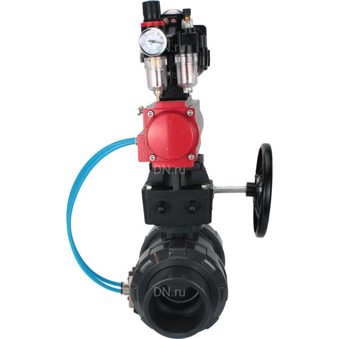 Кран шаровой BV4242E-FP-GRM-ISO Дн20 Ру10 полнопроходной, корпус - НПВХ, шар - НПВХ, уплотнение - EPDM, с пневмоприводом PA-DA-052, пневмораспределителем 4V320-10 AC220V, ручным дублером MON1-250-T26-ISO, БКВ APL-510N EX и БПВ AFC2000 в Алматы