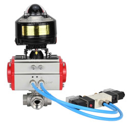 Кран шаровой BV3232P(4pc)-SP-3WL-T-ISO-H 3/8″ Ду10 Ру63 стандартнопроходной трехходовой L-тип, нержавеющая сталь SS316, внутренняя резьба, уплотнение - PTFE, с пн.приводом PA-DA-052 пн.распределителем 4V320-08 AC220V БКВ APL-510N-EX