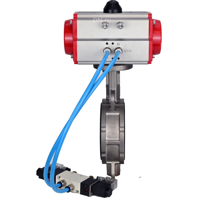 Затвор дисковый поворотный WBV3232E-2W-Fb-H Ду300 Ру16, корпус - нержавеющая сталь 316L, диск - нержавеющая сталь 316L, уплотнение - EPDM, с пневмоприводом PA-SA-210 с возвратными пружинами, с пневмораспределителем 4V320-08 AC220V в Алматы