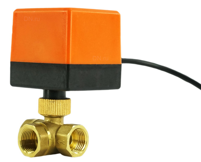 Кран шаровой BV0030NP-SP-3T-T-ED Ду15 Ру16 стандартнопроходной, T-тип, трехходовой, латунь, внутренняя резьба, уплотнение - нитриловый каучук / PTFE, с электроприводом 220В без концевых выключателей в Алматы