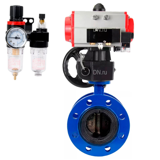 Затвор дисковый поворотный WBV1331E-2W-F-H Ду125 Ру16 фланцевый, чугун GGG40, нержавеющая сталь 304, EPDM, с пневмоприводом PA-DA-130, пневмораспределителем 4M310-08 DC24V, ручным дублером MON3-700-T38-ISO и БПВ AFC2000 в Алматы