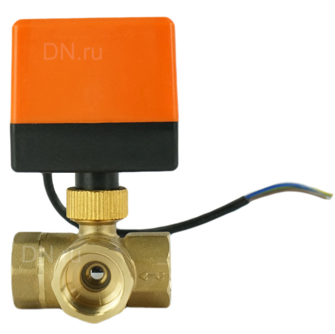 Кран шаровой BV0030NP-SP-3T-T-ED Ду20 Ру16 стандартнопроходной, T-тип, трехходовой, латунь, внутренняя резьба, уплотнение - нитриловый каучук / PTFE, с электроприводом 220В без концевых выключателей в Алматы