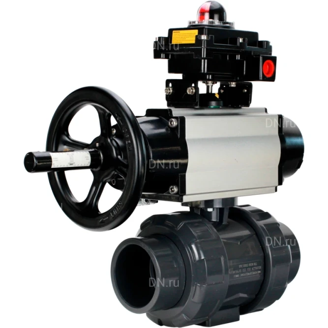 Кран шаровой BV4242E-FP-GRM-ISO Дн15 Ру10 полнопроходной, корпус - НПВХ, шар - НПВХ, уплотнение - EPDM, с пневмоприводом PA-DA-105-1, пневмораспределителем 4M310-08 DC24V и БКВ APL-410N EX в Алматы