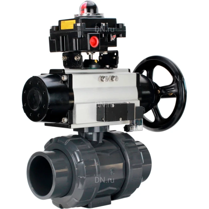 Кран шаровой BV4242E-FP-GRM-ISO Дн15 Ру10 полнопроходной, корпус - НПВХ, шар - НПВХ, уплотнение - EPDM, с пневмоприводом PA-DA-105-1, пневмораспределителем 4M310-08 DC24V и БКВ APL-410N EX в Алматы