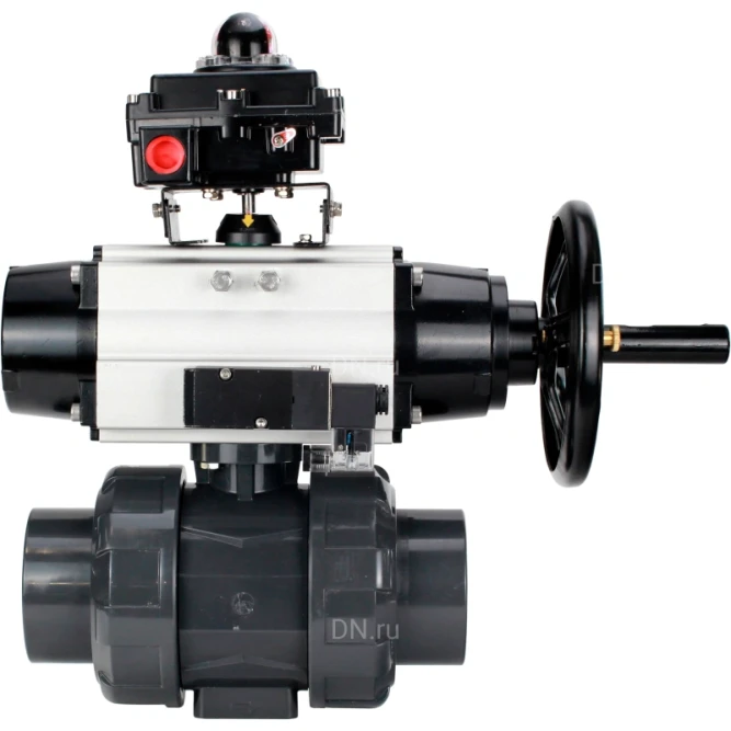 Кран шаровой BV4242E-FP-GRM-ISO Дн15 Ру10 полнопроходной, корпус - НПВХ, шар - НПВХ, уплотнение - EPDM, с пневмоприводом PA-DA-105-1, пневмораспределителем 4M310-08 DC24V и БКВ APL-410N EX в Алматы