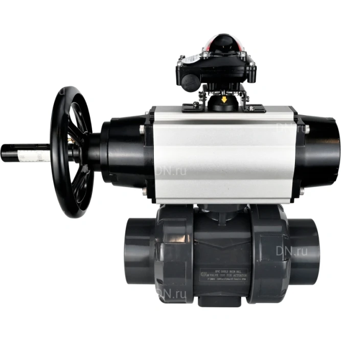 Кран шаровой BV4242E-FP-GRM-ISO Дн25 Ру10 полнопроходной, корпус - НПВХ, шар - НПВХ, уплотнение - EPDM, с пневмоприводом PA-DA-105-1, пневмораспределителем 4V320-08 AC220V и БКВ APL-210N в Алматы