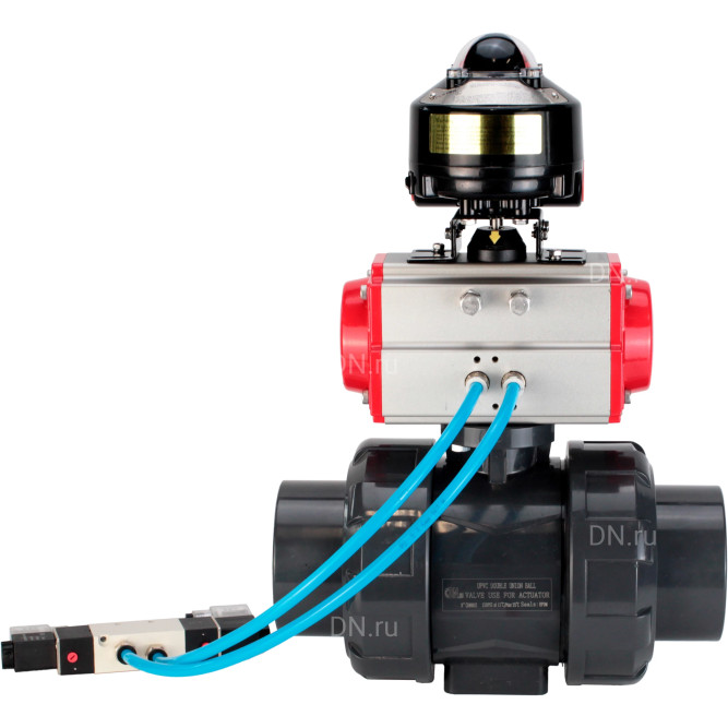 Кран шаровой BV4242E-FP-GRM-ISO Дн32 Ру10 полнопроходной, корпус - НПВХ, шар - НПВХ, уплотнение - EPDM, с пневмоприводом PA-SA-052, пневмораспределителем 4V320-08 AC220V и БКВ APL-510N EX в Алматы