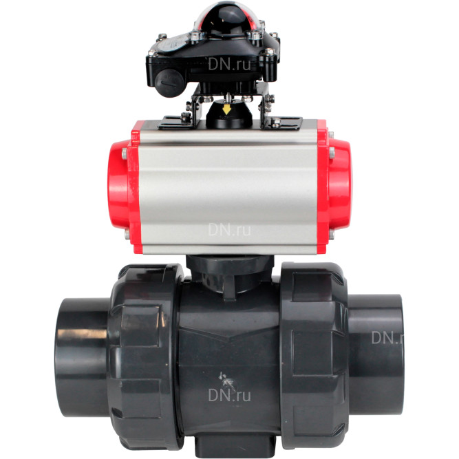 Кран шаровой BV4242E-FP-GRM-ISO Дн15 Ру10 полнопроходной, корпус - НПВХ, шар - НПВХ, уплотнение - EPDM, с пневмоприводом PA-DA-052, пневмораспределителем 4M310-08 AC220V и БКВ APL-210N в Алматы