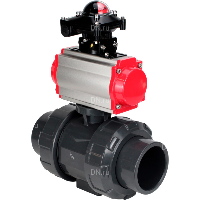 Кран шаровой BV4242E-FP-GRM-ISO Дн15 Ру10 полнопроходной, корпус - НПВХ, шар - НПВХ, уплотнение - EPDM, с пневмоприводом PA-DA-052, пневмораспределителем 4M310-08 AC220V и БКВ APL-210N в Алматы