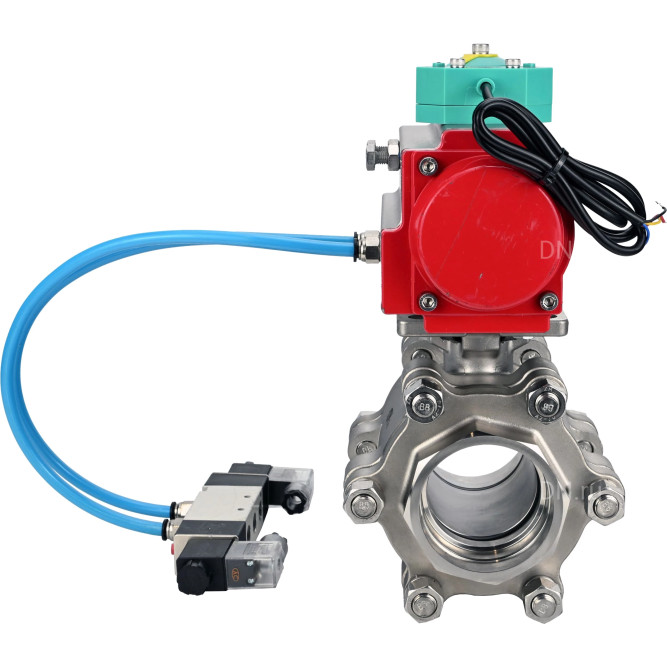 Кран шаровой BV3232P(3pc)-FP-SW-ISO-H Ду50 Ру63 полнопроходной, корпус - нержавеющая сталь SS316, под приварку, с пневмоприводом PA-DA-083, пневмораспределителем 4V320-10 AC220V, магнитным переключателем ALS200D в Алматы
