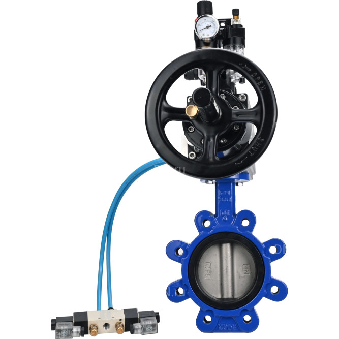 Затвор дисковый поворотный WBV1631N-2W-Fb-H Ду125 Ру16 LUG корпус - чугун QT450, диск - нержавеющая сталь 304, уплотнение - NBR, с пневмоприводом PA-DA-105-1, пневмораспределителем 4V320-08 AC220V, БКВ APL-210N и БПВ AFC2000 в Алматы