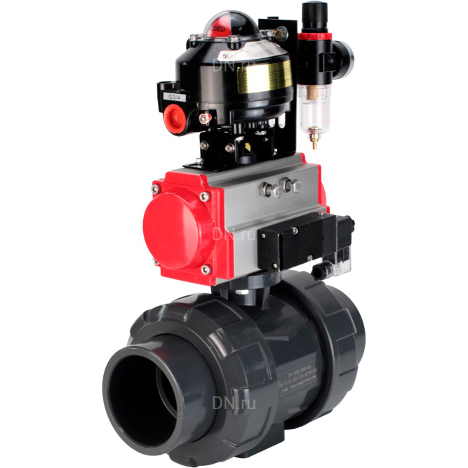Кран шаровой BV4242E-FP-GRM-ISO Дн20 Ру10 полнопроходной, корпус - НПВХ, шар - НПВХ, уплотнение - EPDM, с пневмоприводом PA-SA-052, пневмораспределителем 4M310-08 AC220V, БКВ APL-510N EX и БПВ AFC2000 в Алматы
