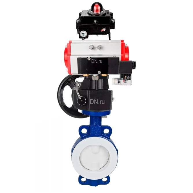 Затвор дисковый поворотный WBV3434Pf-2W-Fb-R Ду250 Ру16 корпус - углеродистая сталь WCB, диск - углеродистая сталь WCB, футерованный PTFE, уплотнение - PTFE, с PA-DA-130, пневмораспределителем 4M310-08 AC220V, БКВ APL-410N EX и MON3-700-T38-ISO в Алматы