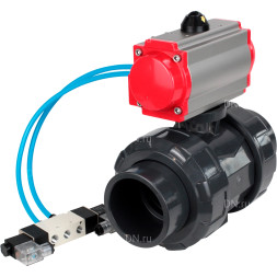 Кран шаровой BV4242E-FP-GRM-ISO Дн40 Ру10 полнопроходной, корпус - НПВХ, шар - НПВХ, уплотнение - EPDM, с пневмоприводом PA-DA-052 и пневмораспределителем 4V320-10 AC220V