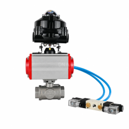 Кран шаровой BV3232P(4pc)-SP-3WT-T-ISO-H WDVF Ду25 Ру63 стандартнопроходной, 3-ходовой Т-тип, внутренняя резьба, нержавеющая сталь AISI 316, PTFE, с пневмоприводом PA-DA-065, пневмораспределителем 4V320-10 AC220V и БКВ APL-510N EX