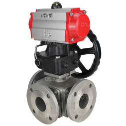 Кран шаровой BV3232P(4pc)-FP-3WL-F Ду40 Ру16 полнопроходной трехходовой, фланцевый, корпус - нержавеющая сталь SS316, с пневмоприводом PA-DA-065 двойного действия и ручным дублером MON1-250-T26-ISO