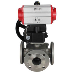 Кран шаровой BV3232P(4pc)-FP-3WL-F Ду40 Ру16 полнопроходной трехходовой, фланцевый, корпус - нержавеющая сталь SS316, с пневмоприводом PA-DA-065 двойного действия и ручным дублером MON1-250-T26-ISO