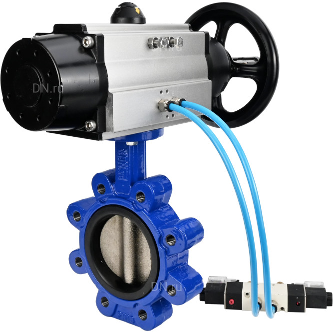 Затвор дисковый поворотный WBV1616E-2W-Fb-H Ду125 Ру16 LUG корпус - чугун QT450, диск - чугун QT450, уплотнение - EPDM, с пневмоприводом PA-DA-105-1 и пневмораспределителем 4V320-08 AC220V в Алматы