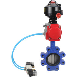 Затвор дисковый поворотный WBV1631N-2W-Fb-H Ду65 Ру16 LUG корпус - чугун QT450, диск - нержавеющая сталь 304, уплотнение - NBR, с пневмоприводом PA-DA-065, пневмораспределителем 4V320-10 AC220V и БКВ APL-510N EX