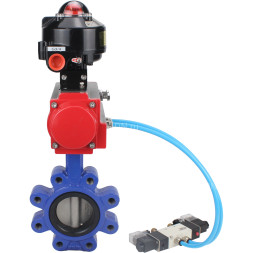 Затвор дисковый поворотный WBV1631N-2W-Fb-H Ду65 Ру16 LUG корпус - чугун QT450, диск - нержавеющая сталь 304, уплотнение - NBR, с пневмоприводом PA-DA-065, пневмораспределителем 4V320-10 AC220V и БКВ APL-510N EX