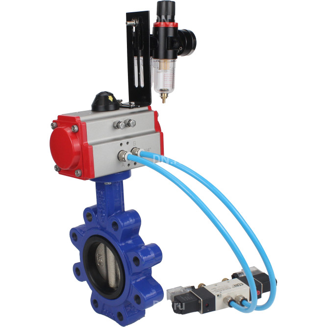 Затвор дисковый поворотный WBV1616E-2W-Fb-H Ду100 Ру16 LUG корпус - чугун QT450, диск - чугун QT450, уплотнение - EPDM, с пневмоприводом PA-SA-130, пневмораспределителем 4V320-10 AC220V и БПВ AFC2000 в Алматы